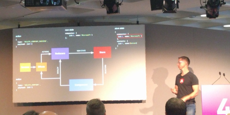 Duncan on stage in front of a diagram of NgRx actions, reducers, store and effects.