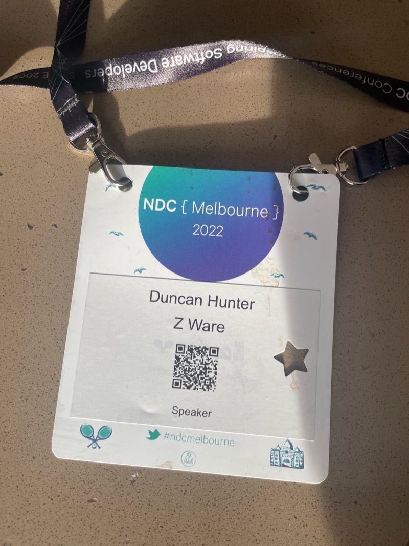 An NDC Melbourne speaker badge on a lanyard reading Duncan Hunter, Z Ware, Speaker.